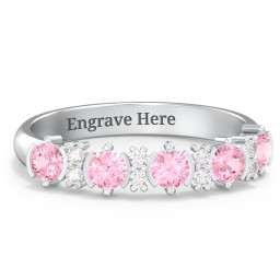 5 Stone Semi-Bezel Ring with Accents in 925 Sterling Silver with Pink Tourmaline and White Premium Zirconia