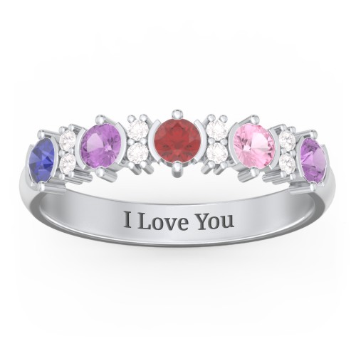 5 Stone Semi-Bezel Ring with Accents – Sterling Silver with Blue Sapphire, Amethyst, Garnet, Pink Tourmaline, and White Premium Zirconia