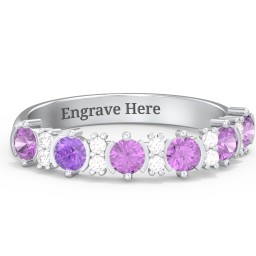 6 Stone Semi-Bezel Ring with Accents in 925 Sterling Silver with Amethyst and White Premium Zirconia