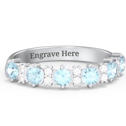 6 Stone Semi-Bezel Ring with Accents in 925 Sterling Silver with Blue Topaz and White Premium Zirconia
