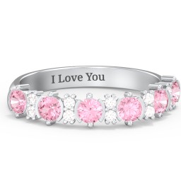 6 Stone Semi-Bezel Ring with Accents in 925 Sterling Silver with Pink Tourmaline and White Premium Zirconia