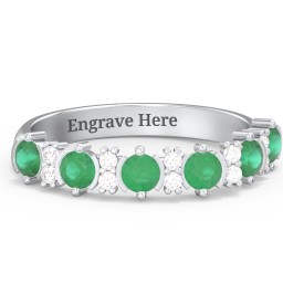 6 Stone Semi-Bezel Ring with Accents in 925 Sterling Silver with Emerald and White Premium Zirconia