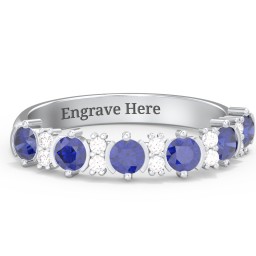 6 Stone Semi-Bezel Ring with Accents in 925 Sterling Silver with Blue Sapphire and White Premium Zirconia