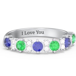 6 Stone Semi-Bezel Ring with Accents in 925 Sterling Silver with Blue Sapphire, Emerald, and White Premium Zirconia