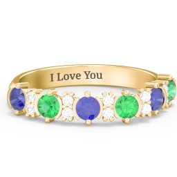 6 Stone Semi-Bezel Ring with Accents in 10K Solid Yellow Gold with Blue Sapphire, Emerald, and White Premium Zirconia