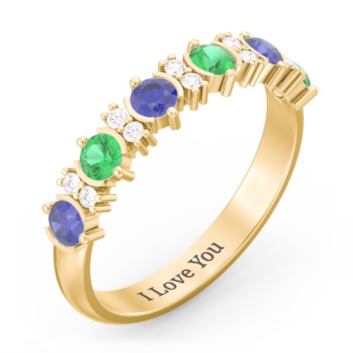 6 Stone Semi-Bezel Ring with Accents – 10K Yellow Gold with Blue Sapphire, Emerald, and White Premium Zirconia