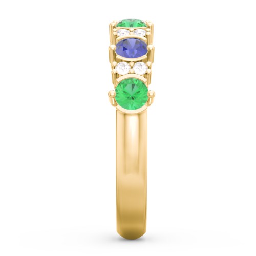 6 Stone Semi-Bezel Ring with Accents – 10K Yellow Gold with Blue Sapphire, Emerald, and White Premium Zirconia