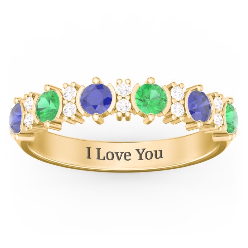 6 Stone Semi-Bezel Ring with Accents – 10K Yellow Gold with Blue Sapphire, Emerald, and White Premium Zirconia