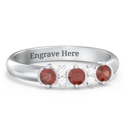 3 Stone Semi-Bezel Ring with Accents in 925 Sterling Silver