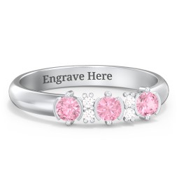3 Stone Semi-Bezel Ring with Accents in 925 Sterling Silver with Pink Tourmaline and White Premium Zirconia