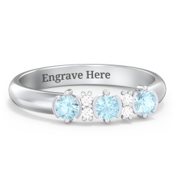3 Stone Semi-Bezel Ring with Accents in 925 Sterling Silver with Blue Topaz and White Premium Zirconia