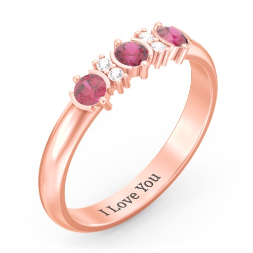 3 Stone Semi-Bezel Ring with Accents – 10K Rose Gold with Ruby and White Premium Zirconia