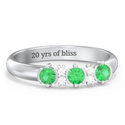 3 Stone Semi-Bezel Ring with Accents in 925 Sterling Silver with Emerald and White Premium Zirconia