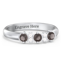 3 Stone Semi-Bezel Ring with Accents in 925 Sterling Silver with Smokey Quartz and White Premium Zirconia