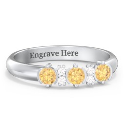 3 Stone Semi-Bezel Ring with Accents in 925 Sterling Silver with Citrine and White Premium Zirconia