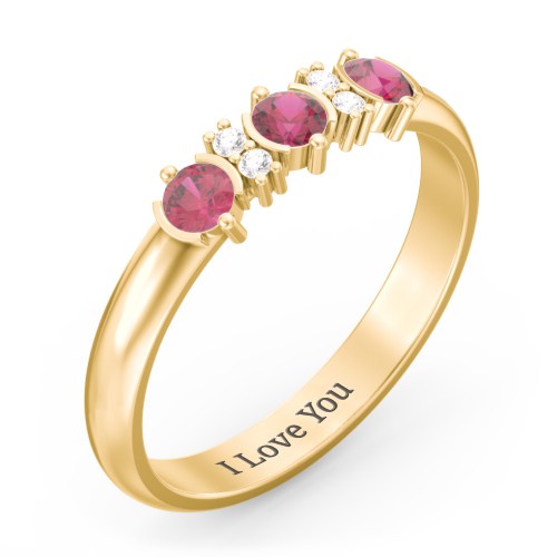 3 Stone Semi-Bezel Ring with Accents – 10K Yellow Gold with Ruby and White Premium Zirconia