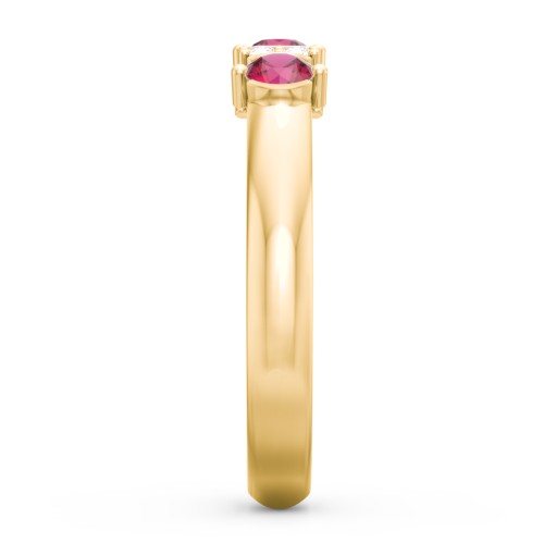 3 Stone Semi-Bezel Ring with Accents – 10K Yellow Gold with Ruby and White Premium Zirconia