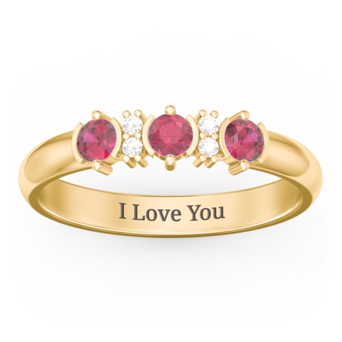 3 Stone Semi-Bezel Ring with Accents – 10K Yellow Gold with Ruby and White Premium Zirconia