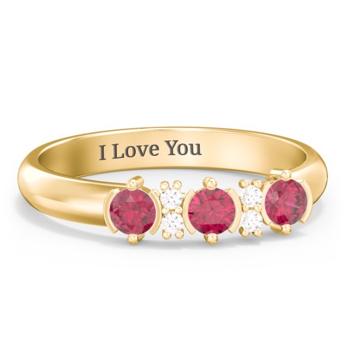3 Stone Semi-Bezel Ring with Accents – 10K Yellow Gold with Ruby and White Premium Zirconia