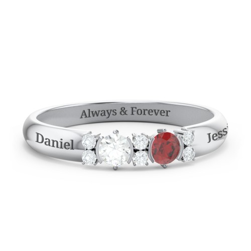 Twin Circular Half Bezel Twin Accent Ring – Sterling Silver with Cubic Zirconia, Garnet, and White Premium Zirconia