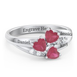 Heart Cluster Ring with Accents in 925 Sterling Silver with Cubic Zirconia and Ruby