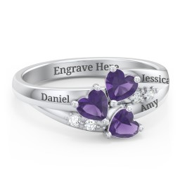 Heart Cluster Ring with Accents in 925 Sterling Silver with Cubic Zirconia and Amethyst