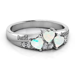 Tripartite Heart Gemstone Ring with Accents in 925 Sterling Silver with Opal