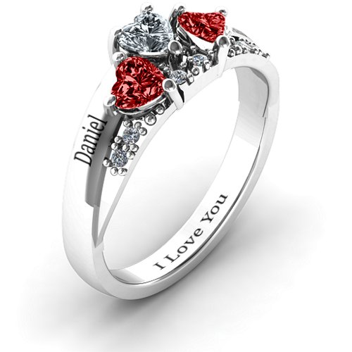 Tripartite Heart Gemstone Ring with Accents – Sterling Silver with Garnet and Cubic Zirconia