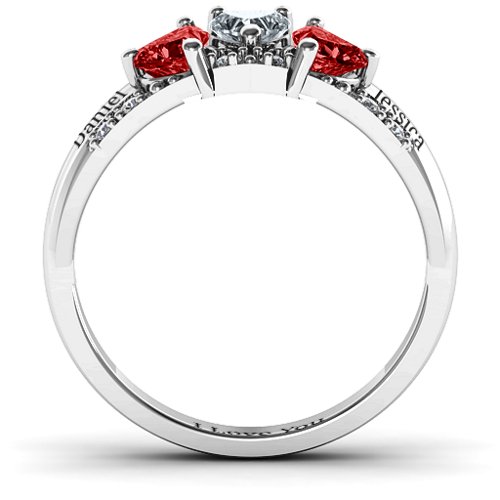 Tripartite Heart Gemstone Ring with Accents – Sterling Silver with Garnet and Cubic Zirconia