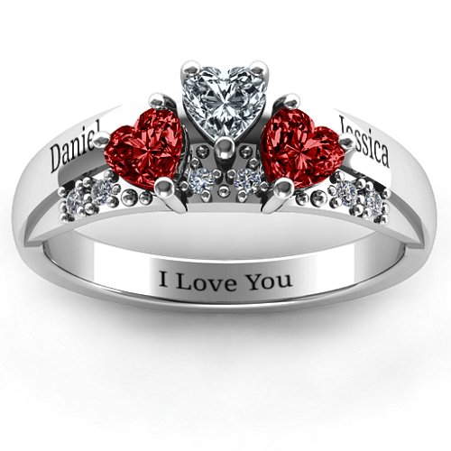 Tripartite Heart Gemstone Ring with Accents – Sterling Silver with Garnet and Cubic Zirconia