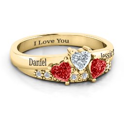 Tripartite Heart Gemstone Ring with Accents in 10K Solid Yellow Gold with Garnet and Cubic Zirconia