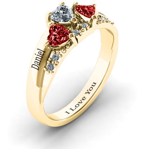 Tripartite Heart Gemstone Ring with Accents – 10K Yellow Gold with Garnet and Cubic Zirconia