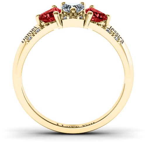 Tripartite Heart Gemstone Ring with Accents – 10K Yellow Gold with Garnet and Cubic Zirconia