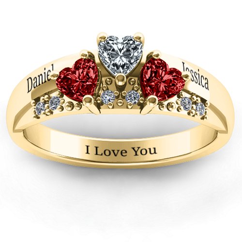 Tripartite Heart Gemstone Ring with Accents – 10K Yellow Gold with Garnet and Cubic Zirconia