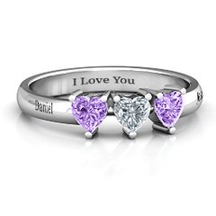 Triple Heart Stone Ring – Sterling Silver with Amethyst and Cubic Zirconia