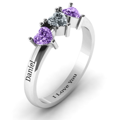 Triple Heart Stone Ring – Sterling Silver with Amethyst and Cubic Zirconia