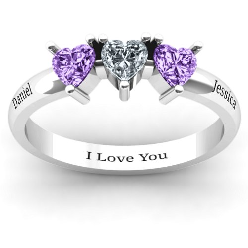Triple Heart Stone Ring – Sterling Silver with Amethyst and Cubic Zirconia