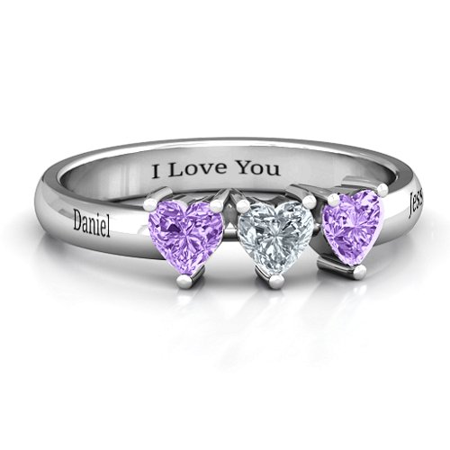 Triple Heart Stone Ring – Sterling Silver with Amethyst and Cubic Zirconia
