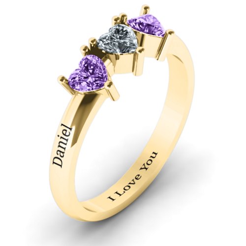 Triple Heart Stone Ring – 10K Yellow Gold with Amethyst and Cubic Zirconia