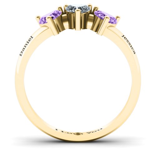 Triple Heart Stone Ring – 10K Yellow Gold with Amethyst and Cubic Zirconia