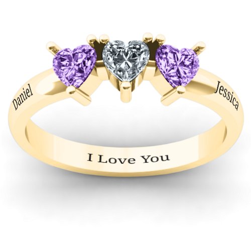 Triple Heart Stone Ring – 10K Yellow Gold with Amethyst and Cubic Zirconia