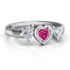 Heart Stone with Twin Heart Accents Ring – Sterling Silver with Ruby and Cubic Zirconia