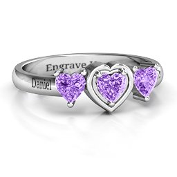 Heart Stone with Twin Heart Accents Ring in 925 Sterling Silver with Amethyst