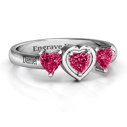 Heart Stone with Twin Heart Accents Ring in 925 Sterling Silver with Ruby