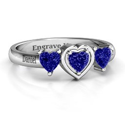 Heart Stone with Twin Heart Accents Ring in 925 Sterling Silver with Blue Sapphire
