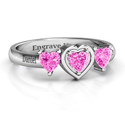 Heart Stone with Twin Heart Accents Ring in 925 Sterling Silver with Pink Tourmaline