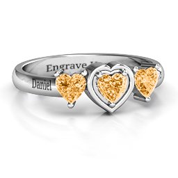Heart Stone with Twin Heart Accents Ring in 925 Sterling Silver with Citrine