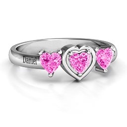 Heart Stone with Twin Heart Accents Ring in 925 Sterling Silver with Pink Tourmaline