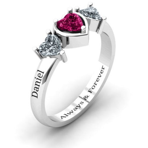 Heart Stone with Twin Heart Accents Ring – Sterling Silver with Ruby and Cubic Zirconia