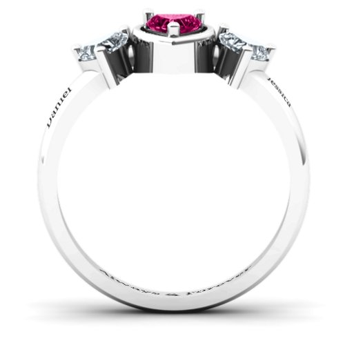 Heart Stone with Twin Heart Accents Ring – Sterling Silver with Ruby and Cubic Zirconia